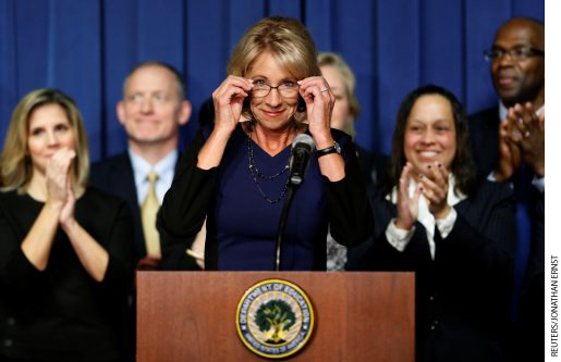 US Education Secretary Betsy DeVos concludes her remarks to Education Department staff on her first day on the job in Washington, February 8, 2017.