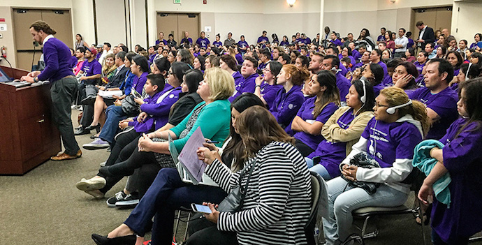 Over 250 parents of Rocketship Mosaic Elementary crowd into a standing room only reauthorization hearing in February 2016 to demand their school stays open another 5 years Photo: Rocketship.
