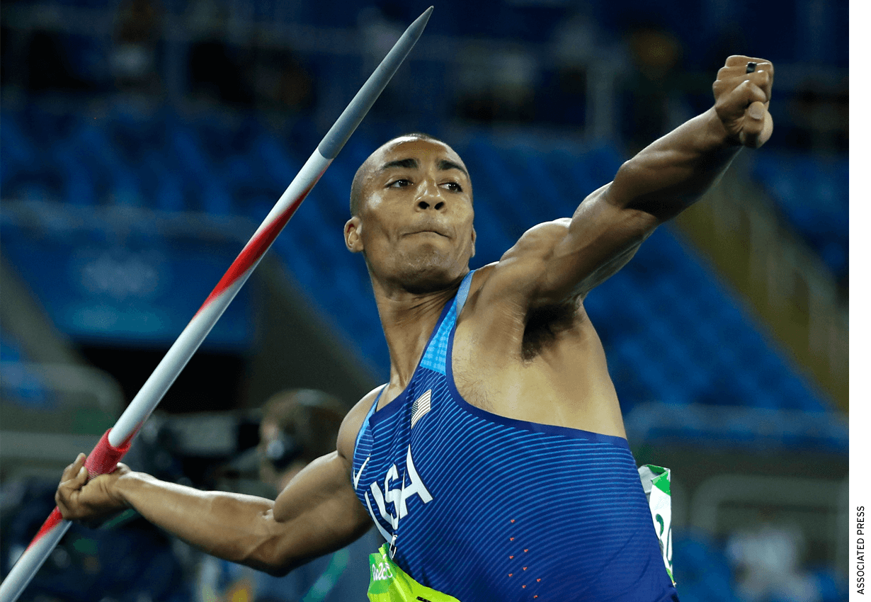 United States' Ashton Eaton makes an attempt in the javelin throw of the decathlon during the athletics competitions of the 2016 Summer Olympics at the Olympic stadium in Rio de Janeiro, Brazil, Thursday, Aug. 18, 2016. 