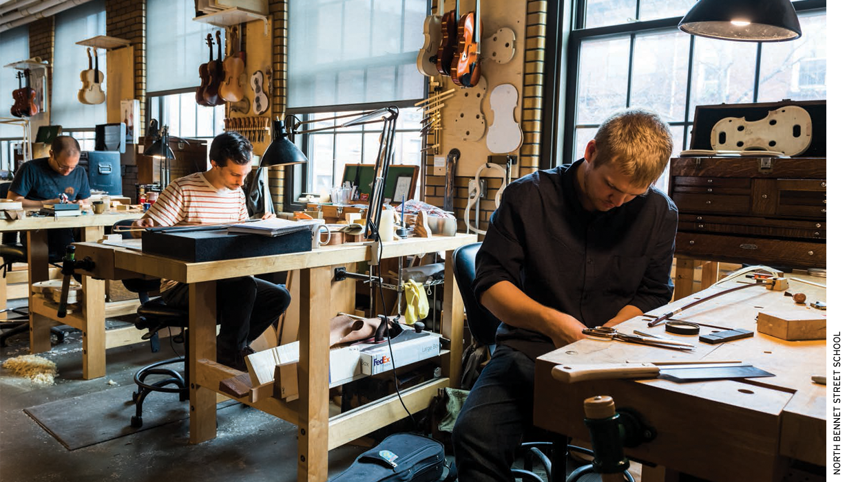 Students work in the Violin Making & Repair program at the North Bennet Street School.