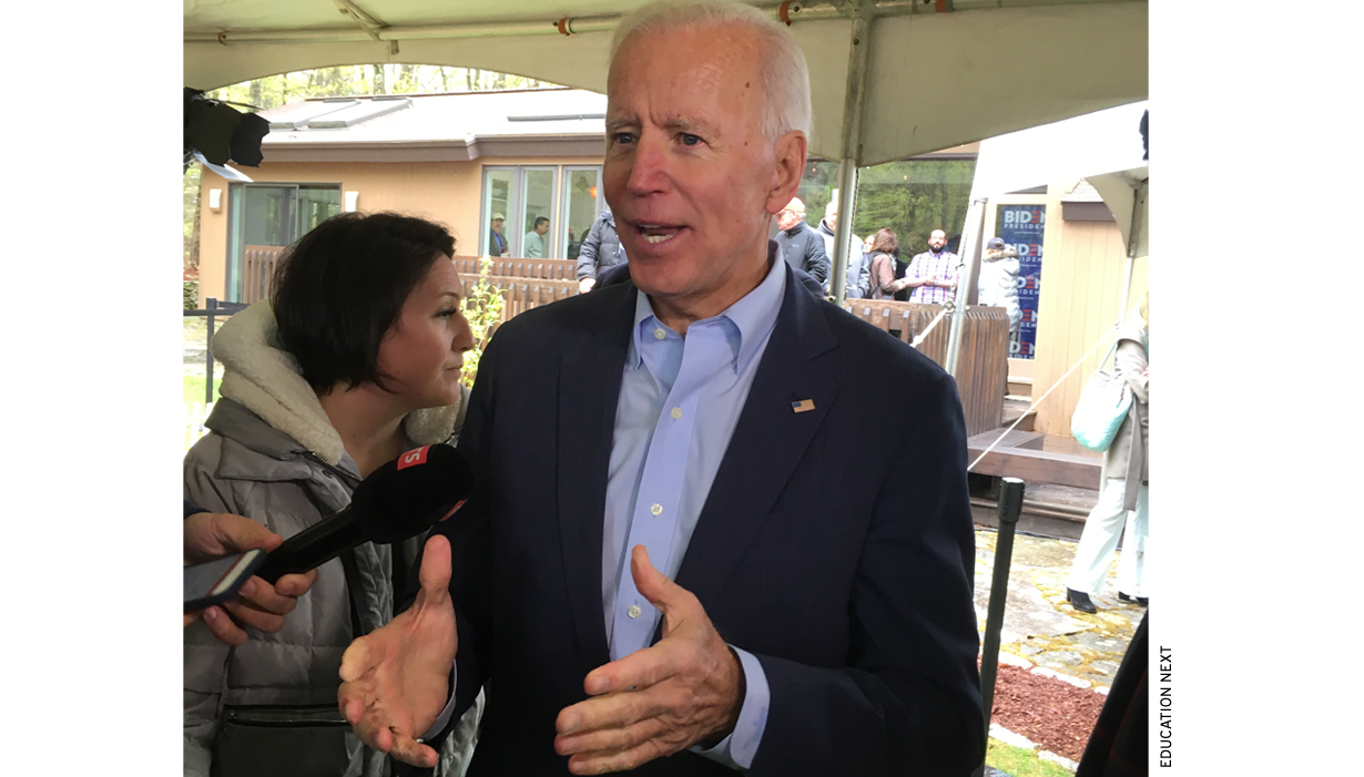 Joe Biden speaks to reporters at a campaign stop in Nashua, N.H.