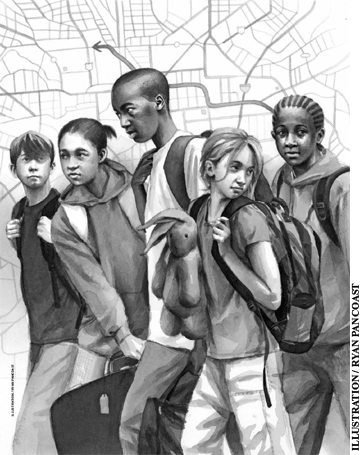 Article opening image depicts children in the act of moving over-layed on a map.