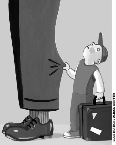 Article opening image: A young child tugs, luggage in tow, tugs on the pant leg of a paternalistic figure.