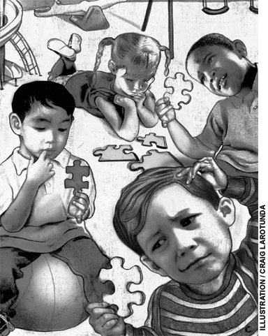 Article opening image: Preschool children puzzled by puzzle pieces.
