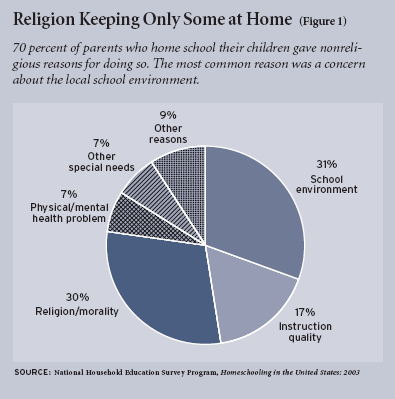 Figure 1: 70 percent of parents who home school their children gave nonreligious reasons for doing so. The most common reason was a concern about the local school environment.