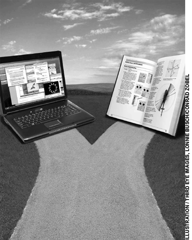 Article opening image: A path diverges, one way leading to a computer, the other to a book.