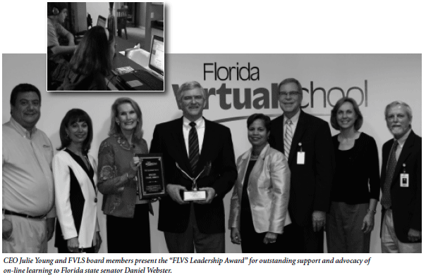Article image: CEO Julie Young and FVLS boardmembers present the “FLVS Leadership Award” for outstanding support and advocacy of on-line learning to Florida state senator DanielWebster.