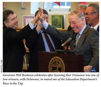 Governor Phil Bredesen celebrates after learning that Tennessee was one of two winners, with Delaware, in round one of the Education Department’s Race to the Top.