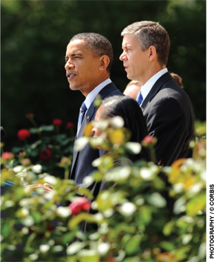 President Barack Obama, accompanied by Education Secretary Arne Duncan, makes a statement in the Rose Garden urging the House of Representatives to pass a funding package aimed at saving 160,000 teacher jobs across the country.