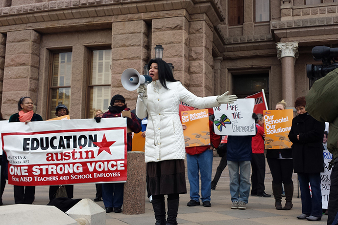 Lily Eskelsen García speaks in front of the Texas State Capitol in Austin, December 2013