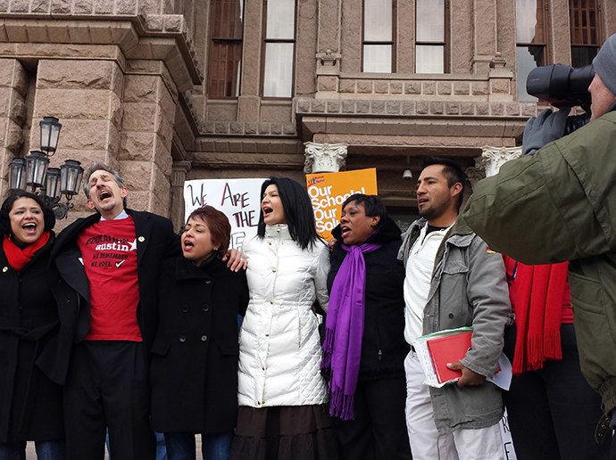 Lily Eskelsen García and others sing the union anthem “Solidarity Forever” in front of the Texas State Capitol in Austin, December 2013