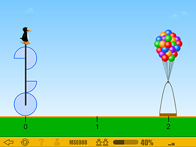 In the ST Math game JiJi Cycle, students encounter visual representations of fractions as pie shapes and must move the balloon platform to the correct place on the number line. Students later advance to connecting the visual puzzle to written fractions Courtesy MIND Research Institute