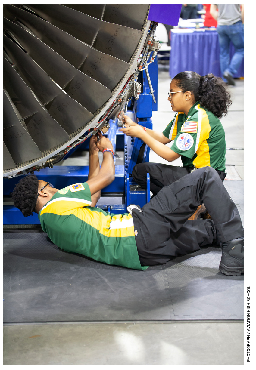 Students from Aviation High School in Queens, New York, are some of the only high school students to compete against adult professionals in the annual national Aerospace Maintenance Competition.