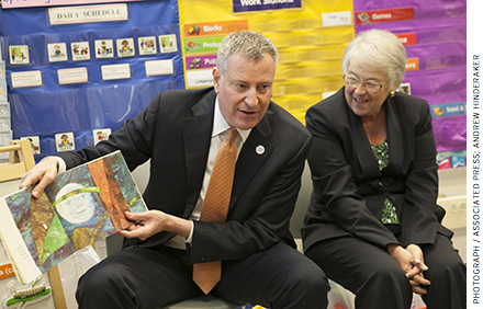 De Blasio and his schools chancellor Carmen Farina (right) have weakened accountability frameworks as part of a plan to “lower the stakes on testing.”