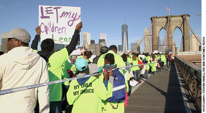Bill de Blasio made a campaign pledge to start charging rent to charter schools, but in October 2013, weeks before the mayoral elec- tion that fall, thousands of children and adults marched across the Brooklyn Bridge in protest.