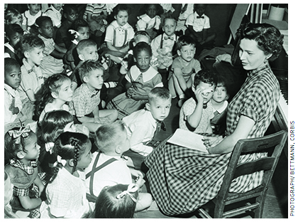 Of the characteristics that were measured in the Coleman Report, “those that bear the highest relationship to pupil achievement are first, the teacher’s score on the verbal skills test, and then his educational background.” An integrated kindergarten class in the 1950s in Washington, D.C.