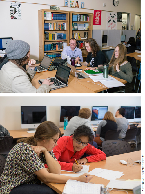 Throughout the day, small groups of students form to collaborate on projects or labs. Meanwhile, tutors and teachers walk around looking for students who need help, or meet by appointment to work with individuals or small groups.