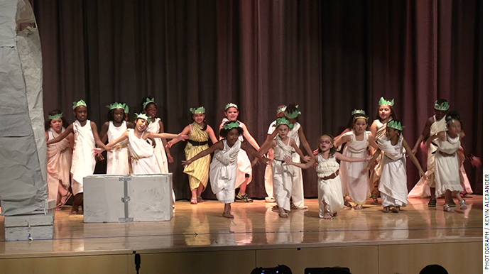 Second graders at Icahn Charter School 2 perform a play titled “The Odyssey” at the school’s end-of-year Core Knowledge