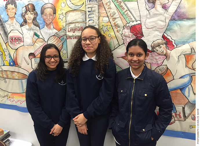 Graduating 8th graders from Icahn 2, Kaitlyn Romanger, Aaliyah Vega, and Shaira Ahmed (from left to right)
