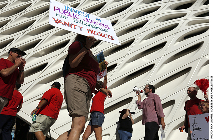 In September 2015, the United Teachers Los Angeles union staged a demonstration outside Eli Broad's museum to protest his involvement in a plan to expand the number of charter schools operating in the district.