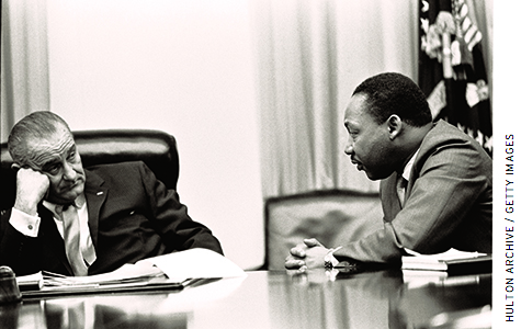 President Lyndon B. Johnson meets with civil rights leader Martin Luther King, Jr., in 1965