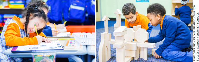 As part of the blocks curriculum, kindergarteners at Success work together in small groups on a crude architectural sketch before constructing a project.