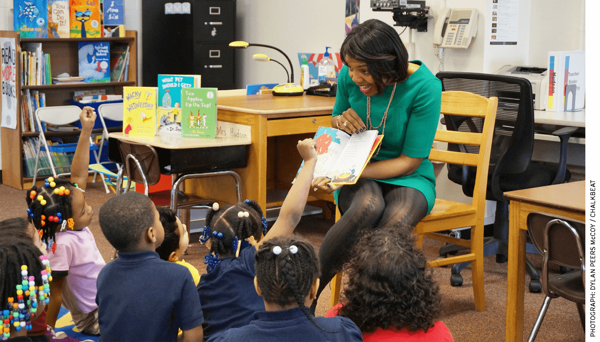 The superintendent of Indianapolis Public Schools, Aleesia Johnson, reads One Fish, Two Fish, Red Fish, Blue Fish to a kindergarten class at Louis B. Russell Jr. School 48. Johnson was a KIPP charter school principal before being asked to take over the district.