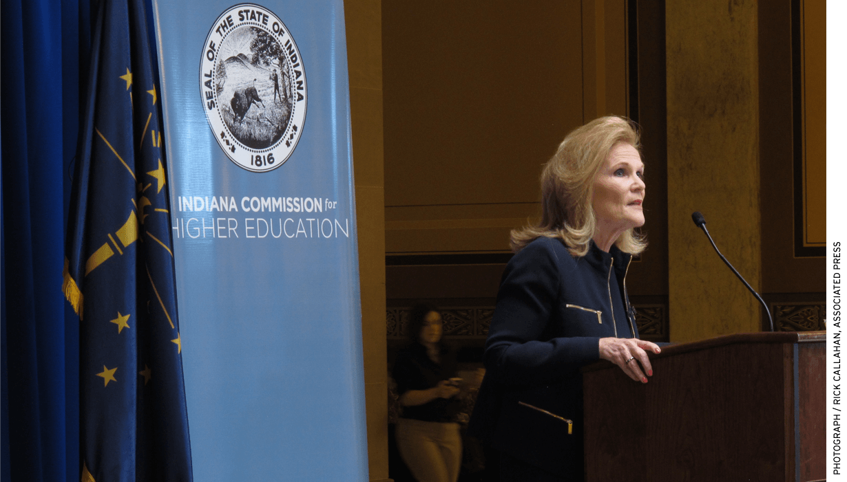 Teresa Lubbers, Indiana’s higher education commissioner, speaks at the Indiana Statehouse in February 2015. Lubbers is pushing schools to increase their focus on career pathways.