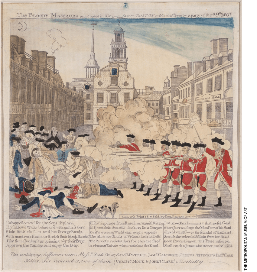 An early image of The Boston Massacre includes Crispus Attucks among the “unhappy sufferers”.