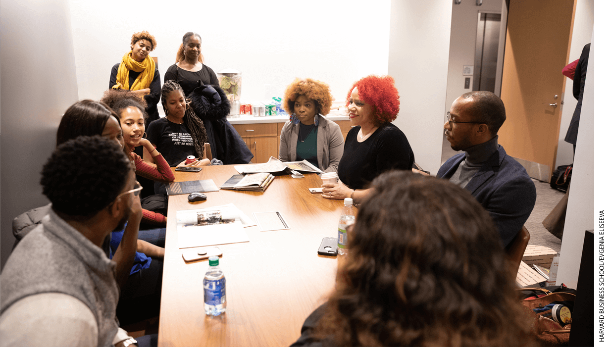 Members of the African American Student Union meeting with Nikole Hannah-Jones before an event at the Harvard Business School.