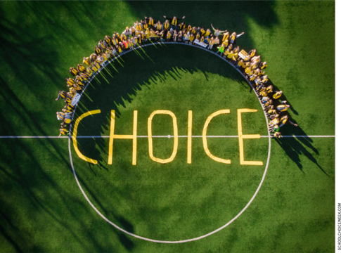 Students standing in a circle with the word "CHOICE" written within.