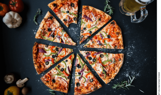 A pizza cut into eight slices.