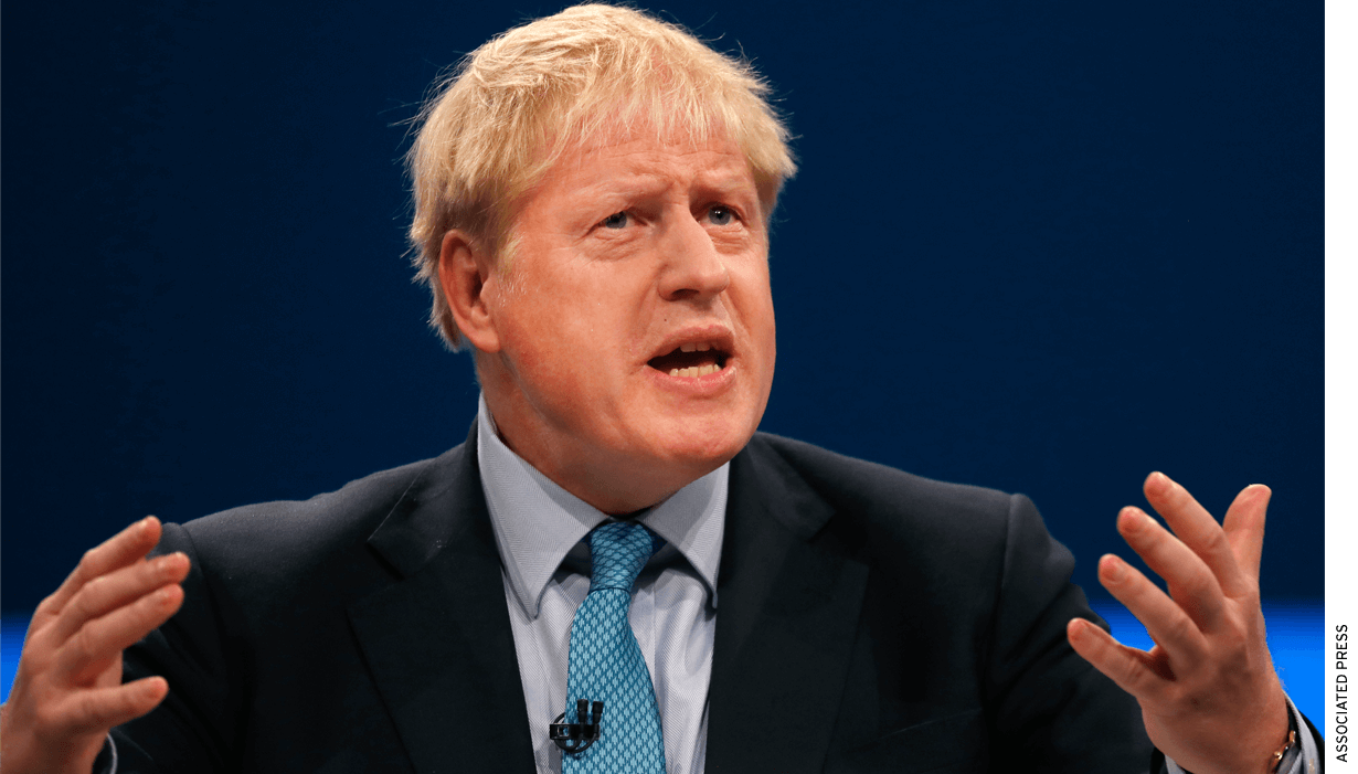 Britain's Prime Minister Boris Johnson delivers his Leader's speech at the Conservative Party Conference on Oct. 2, 2019, in Manchester, England.