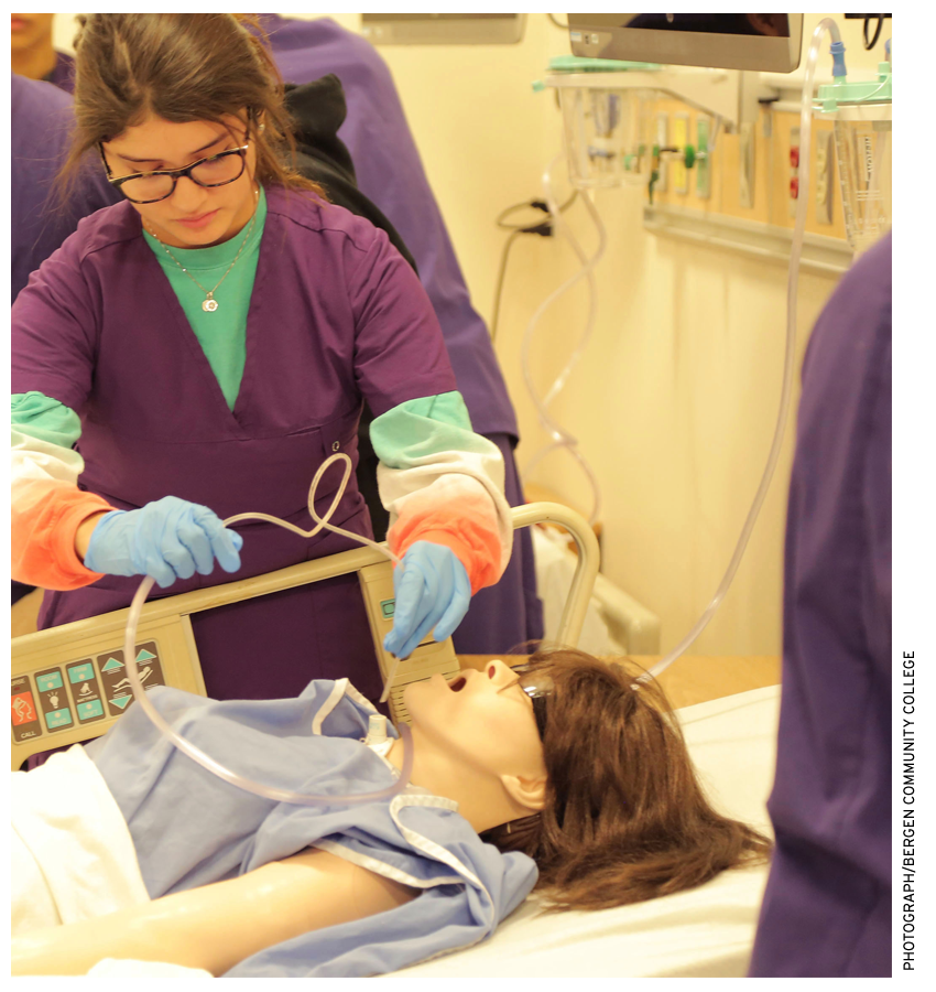 A student at Applied Technology High School in Paramus, N.J., practices skills at Bergen Community College’s Health Professions Integrative Teaching Center.