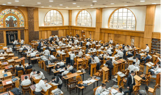 A study hall at Yeshiva Darchei Torah in Far Rockaway, N.Y. Six recent graduates have attended Harvard Law School.