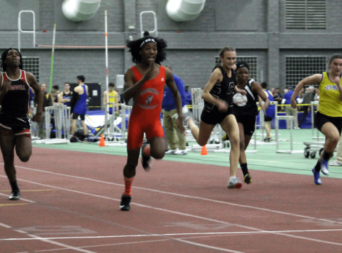 Bloomfield High School transgender athlete Terry Miller, second from left, wins the final of the 55-meter dash over transgender athlete Andraya Yearwood, far left, and other runners in the Connecticut girls Class S indoor track meet at Hillhouse High School in New Haven, Conn.