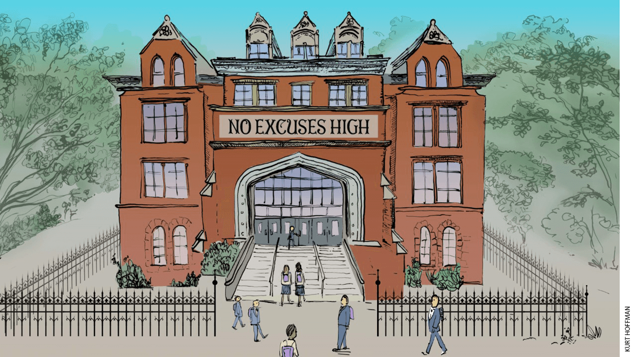 Illustration of a "No Excuses High" high school