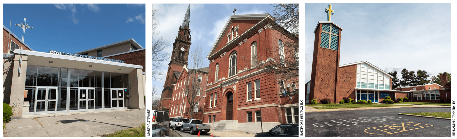 School buildings from left: Coyle and Cassidy School, Taunton, Mass.; Institute of Notre Dame, Baltimore, Md.; Holy Family Catholic School, Hillcrest Heights, Md.,