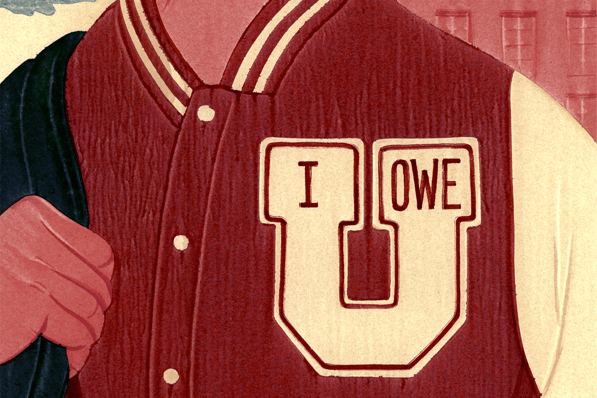 Illustration: college student with a letterman jacket that reads "I OWE U"