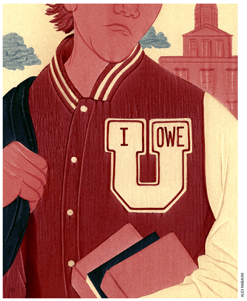 Illustration: college student with a letterman jacket that reads "I OWE U"