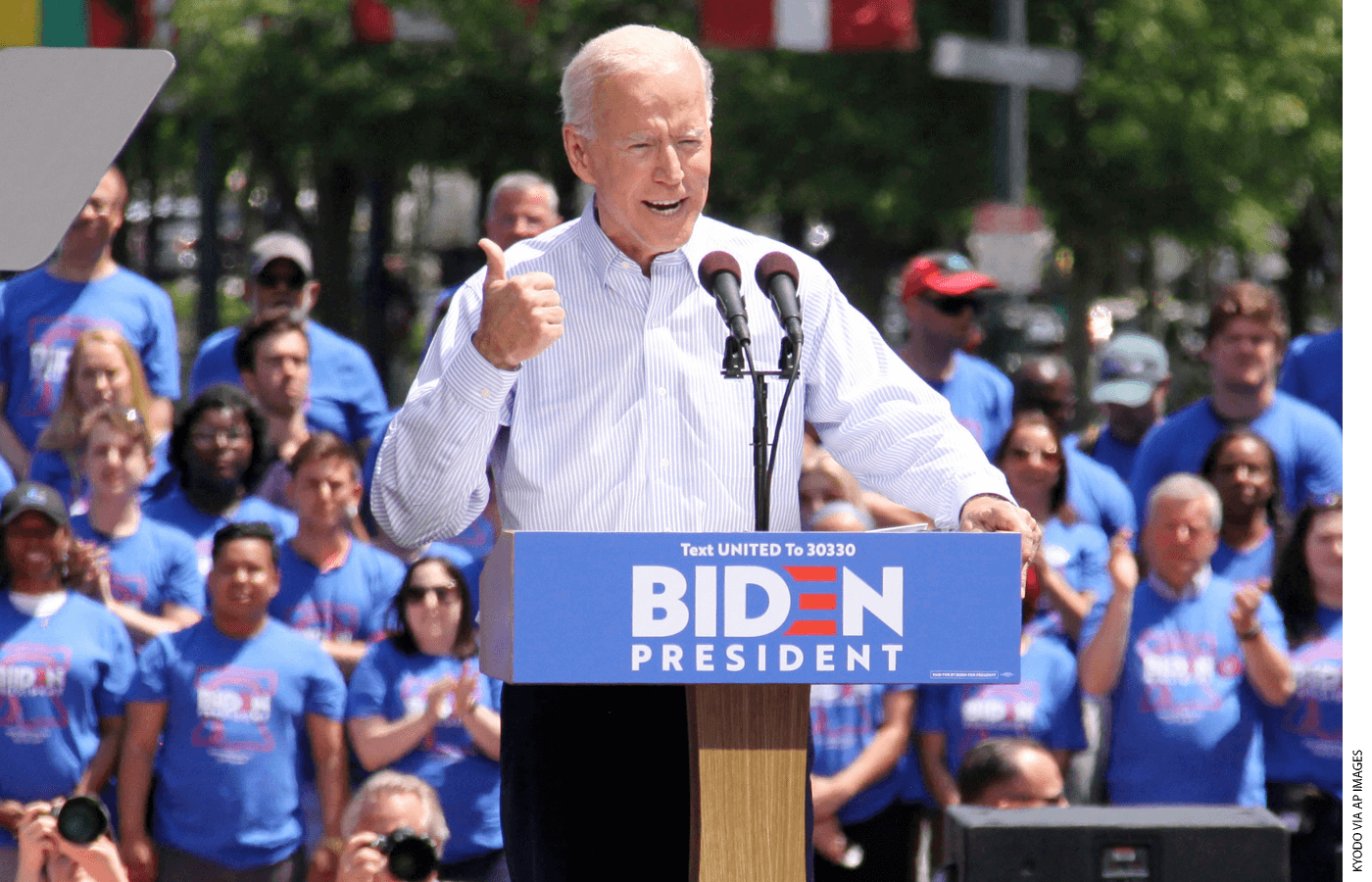 Joe Biden at a podium during a campaign rally.