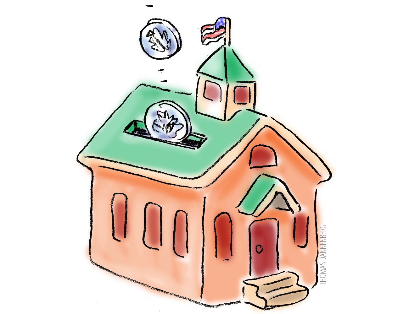 Illustration of coins falling into a school-shaped piggy bank