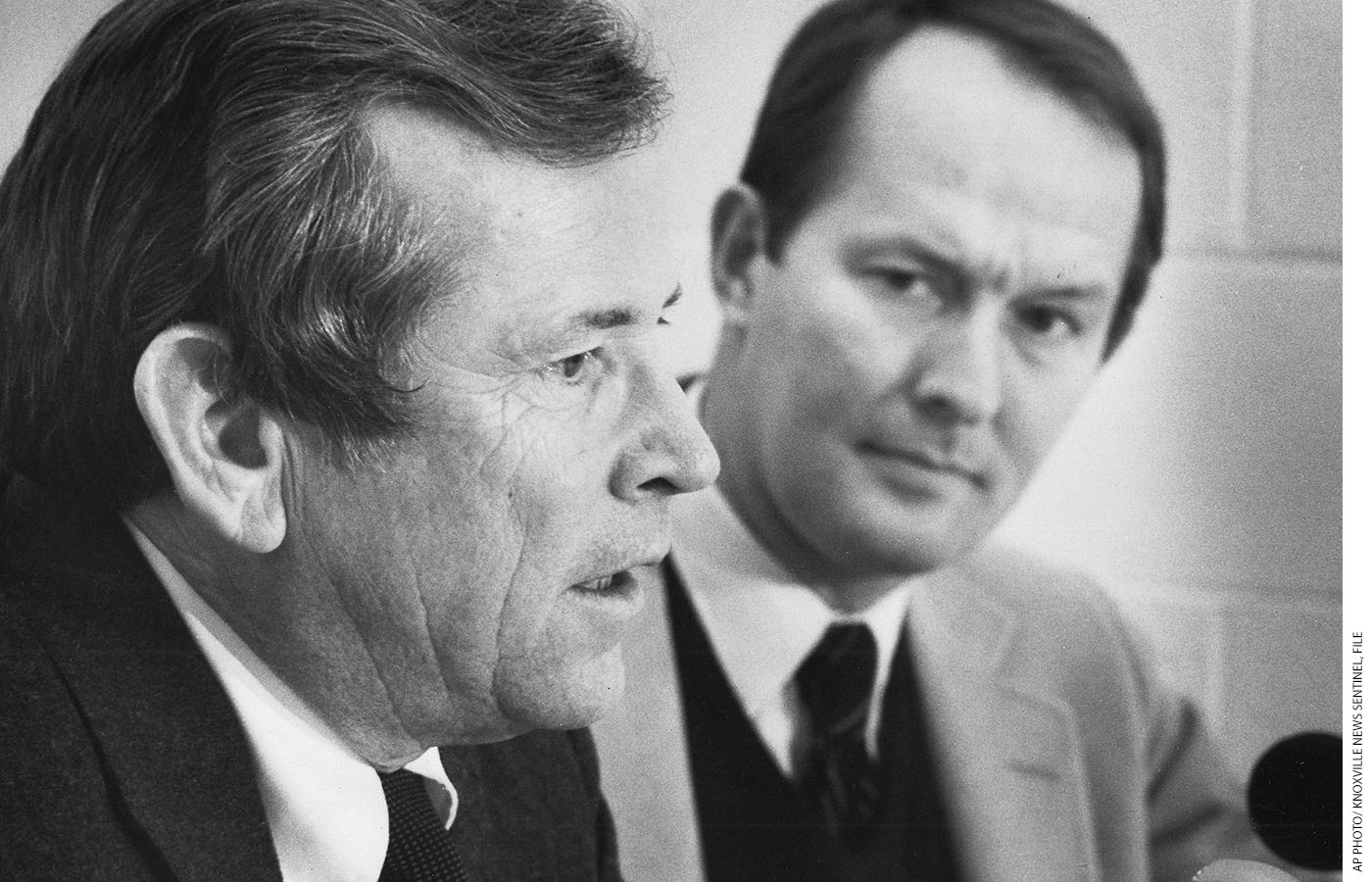 Senator Howard H. Baker, Jr., and then-governor Alexander meet the press at the annual Lincoln Day Dinner in Knoxville, Tennessee, February 11, 1982.