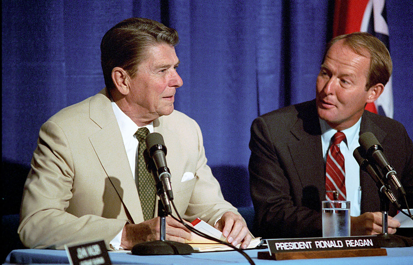 While governor of Tennessee, Alexander appears with President Ronald Reagan at Farragut High School in Knoxville to discuss the report released by the National Commission on Excellence in Education, June 14, 1983.