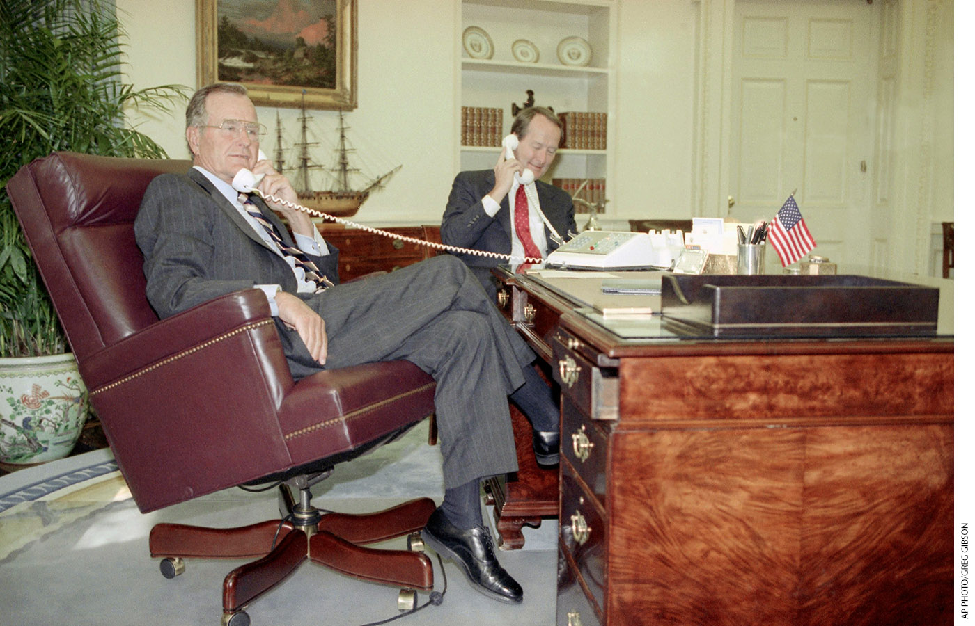 President George H.W. Bush and Alexander speak to the governors of Maine and Maryland on the phone about the American 2000 program on September 4, 1991.