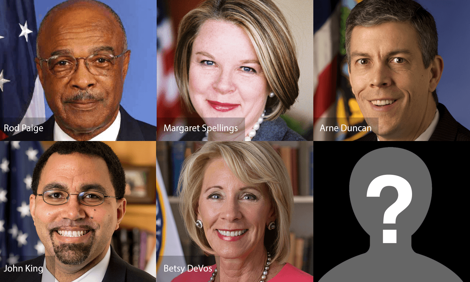 Collage of the previous five U.S. Secretaries of Education, with a question mark in the sixth box