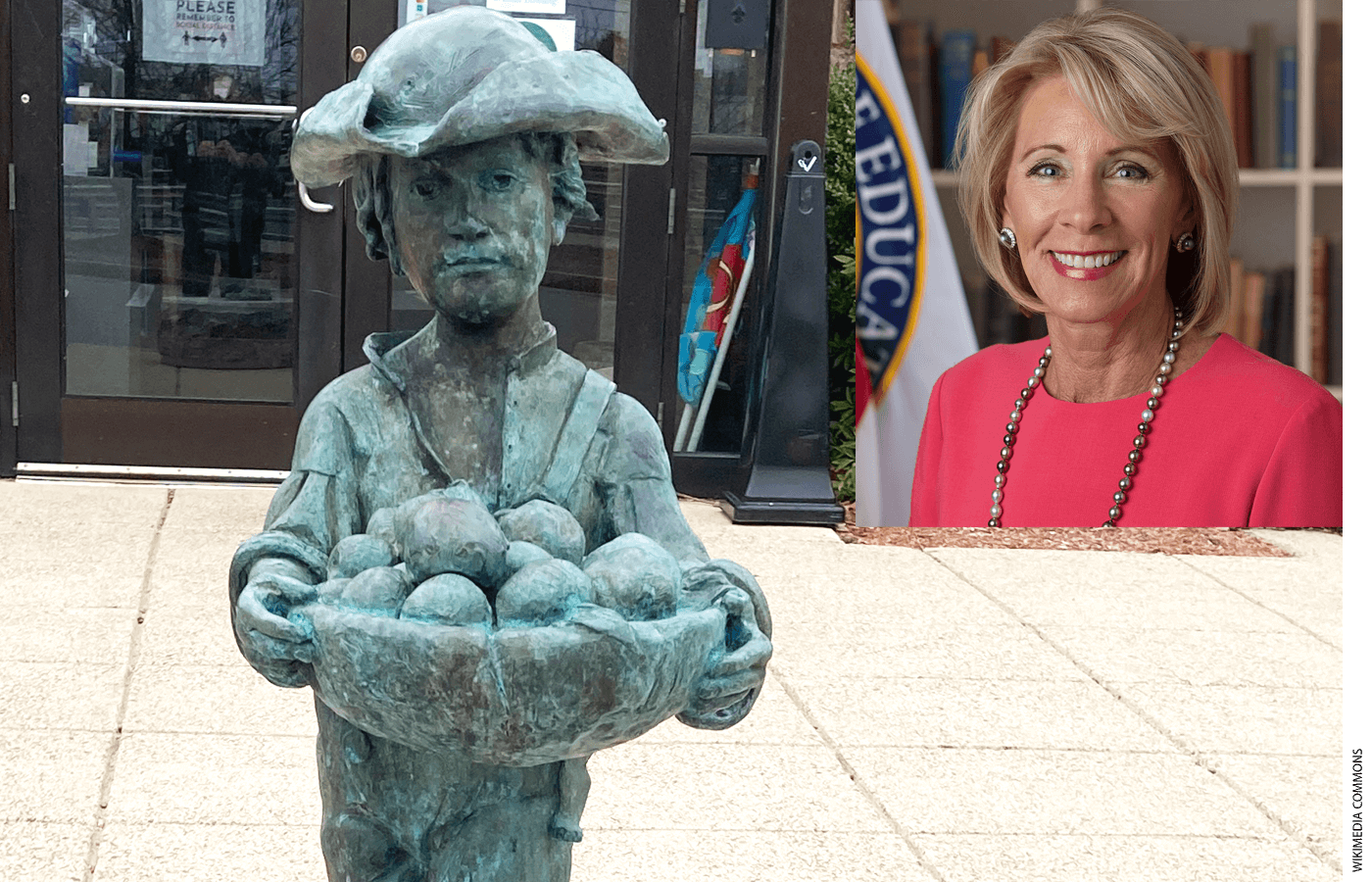 A statue of Johnny Appleseed welcomes visitors to the Massachusetts Visitor Center in Lancaster, Massachusetts. Inset: Former Secretary of Education Betsy DeVos.