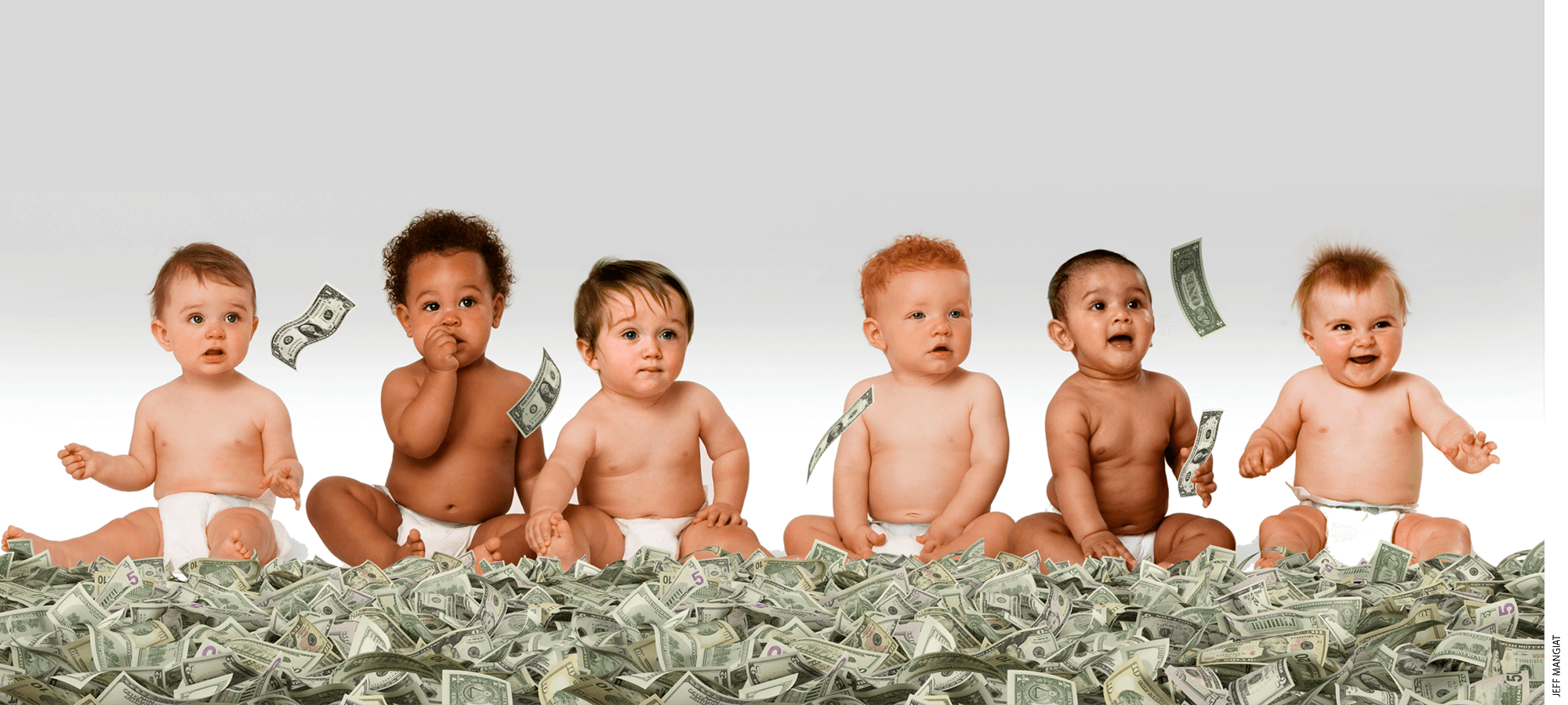 Infants sitting on a pile of money