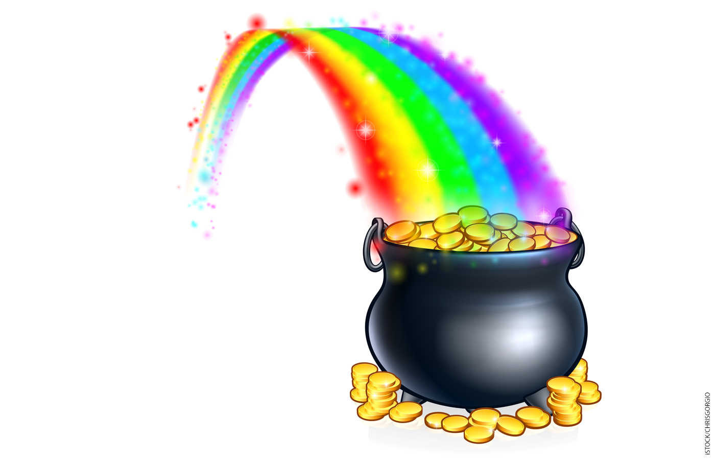 Illustration of a pot of gold at the end of a rainbow