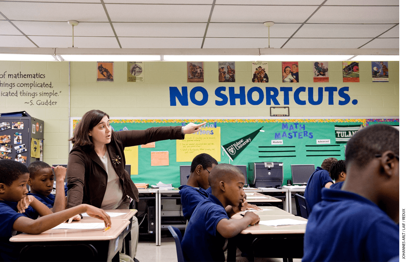 Block letters on a classroom wall remind students that there are “no shortcuts” at KIPP Believe College Prep in New Orleans, part of the KIPP network that pioneered the no-excuses model.